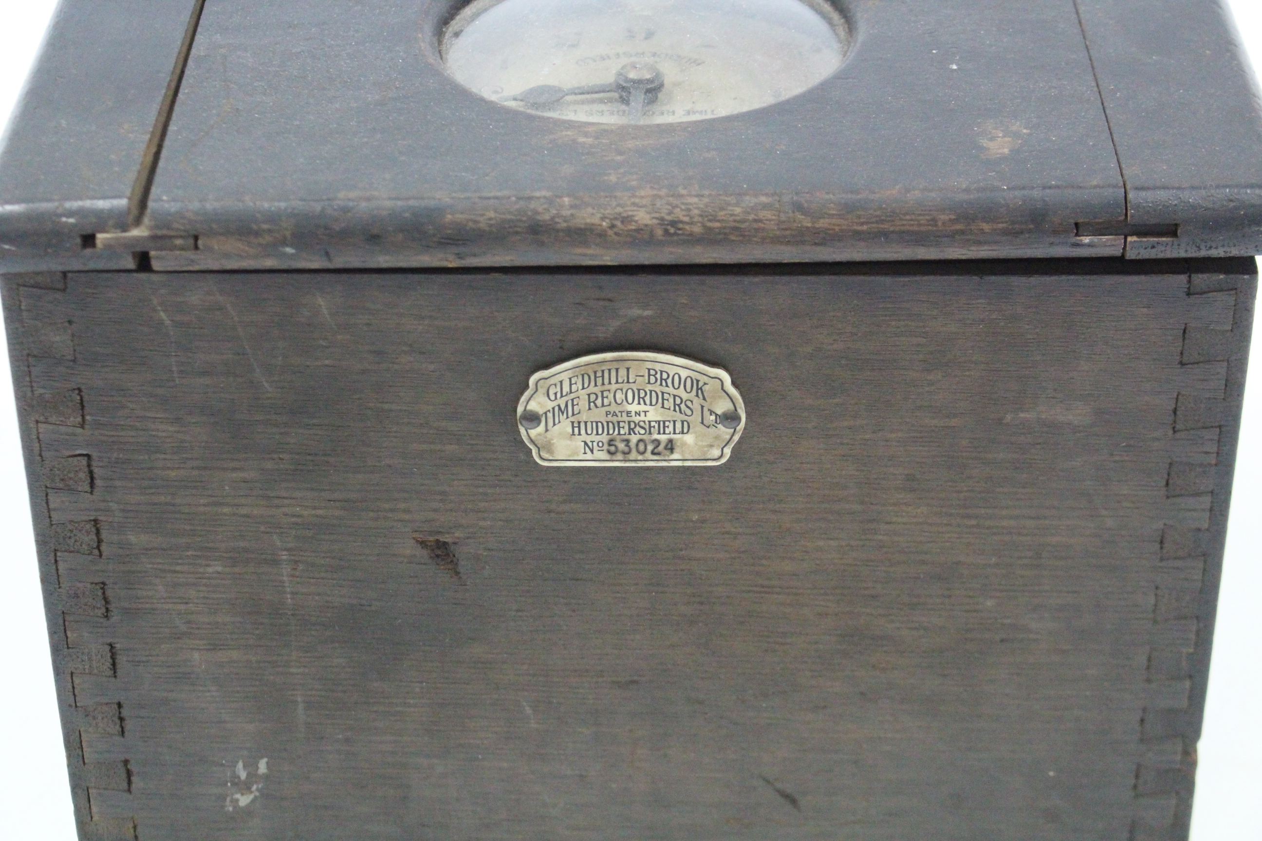 A Gledhill-Brook of Huddersfield time-recorder clock in ebonised oak case, 11¾” wide. - Image 4 of 5