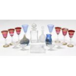 A set of six St Louis cranberry & gold tinted wine glasses; two art-glass vases; a glass square