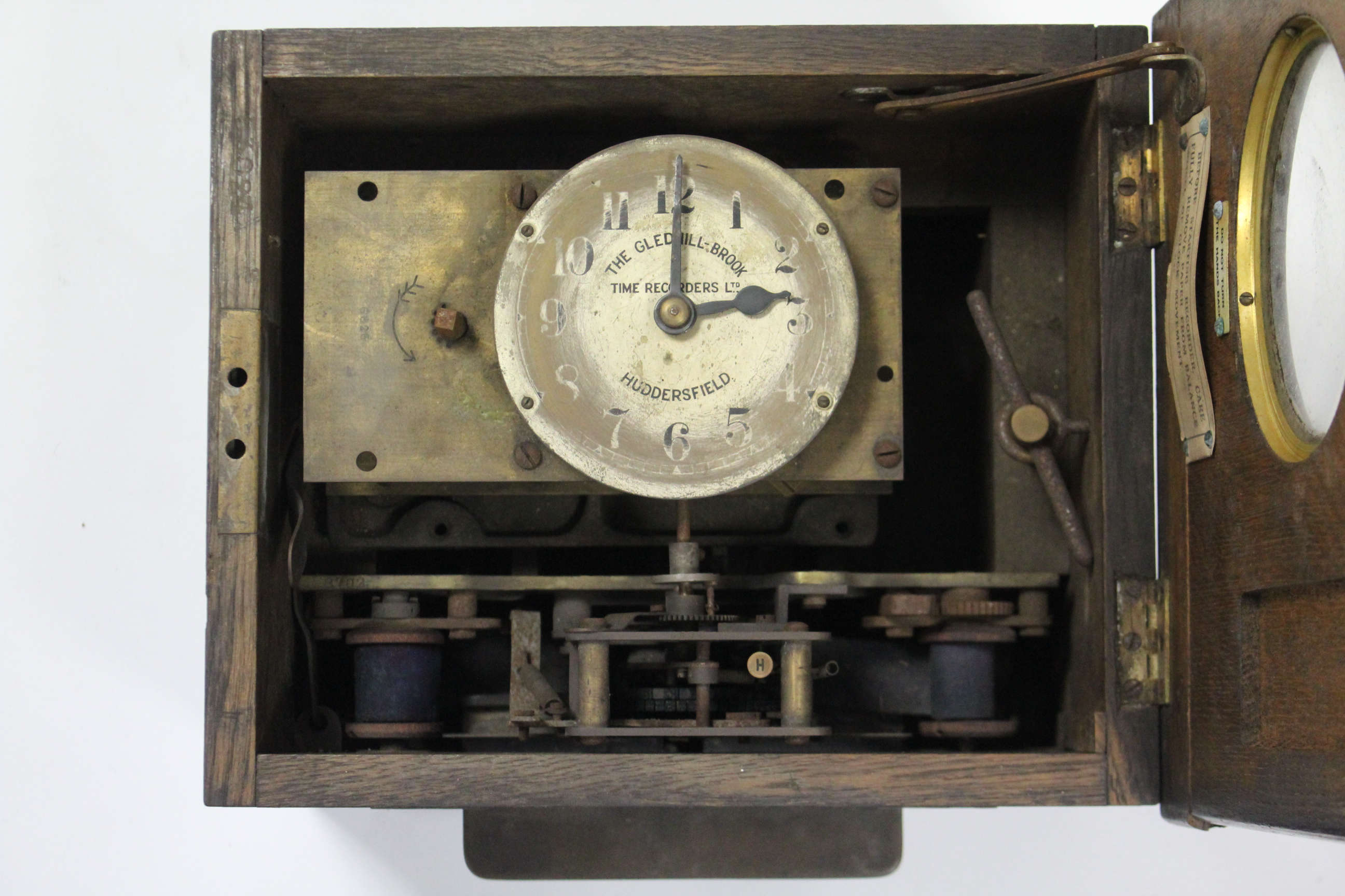 A Gledhill-Brook of Huddersfield time-recorder clock in ebonised oak case, 11¾” wide. - Image 2 of 5