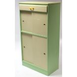 A mid-20th century green & cream painted wooden tall kitchen side cabinet with Formica top, fitted