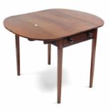 A 19th century mahogany drop-leaf table, fitted end drawer & on square tapered legs, 32½” wide.