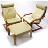 A pair of Ikea bentwood-frame easy chairs; & a ditto footstool.