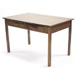 A mid-20th century oak office desk fitted two frieze drawers, & on square legs, 48” wide.