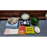 Two PGP party games “Doubles” & “Split Hits”, both boxed; three Wedgwood collector’s plates; various