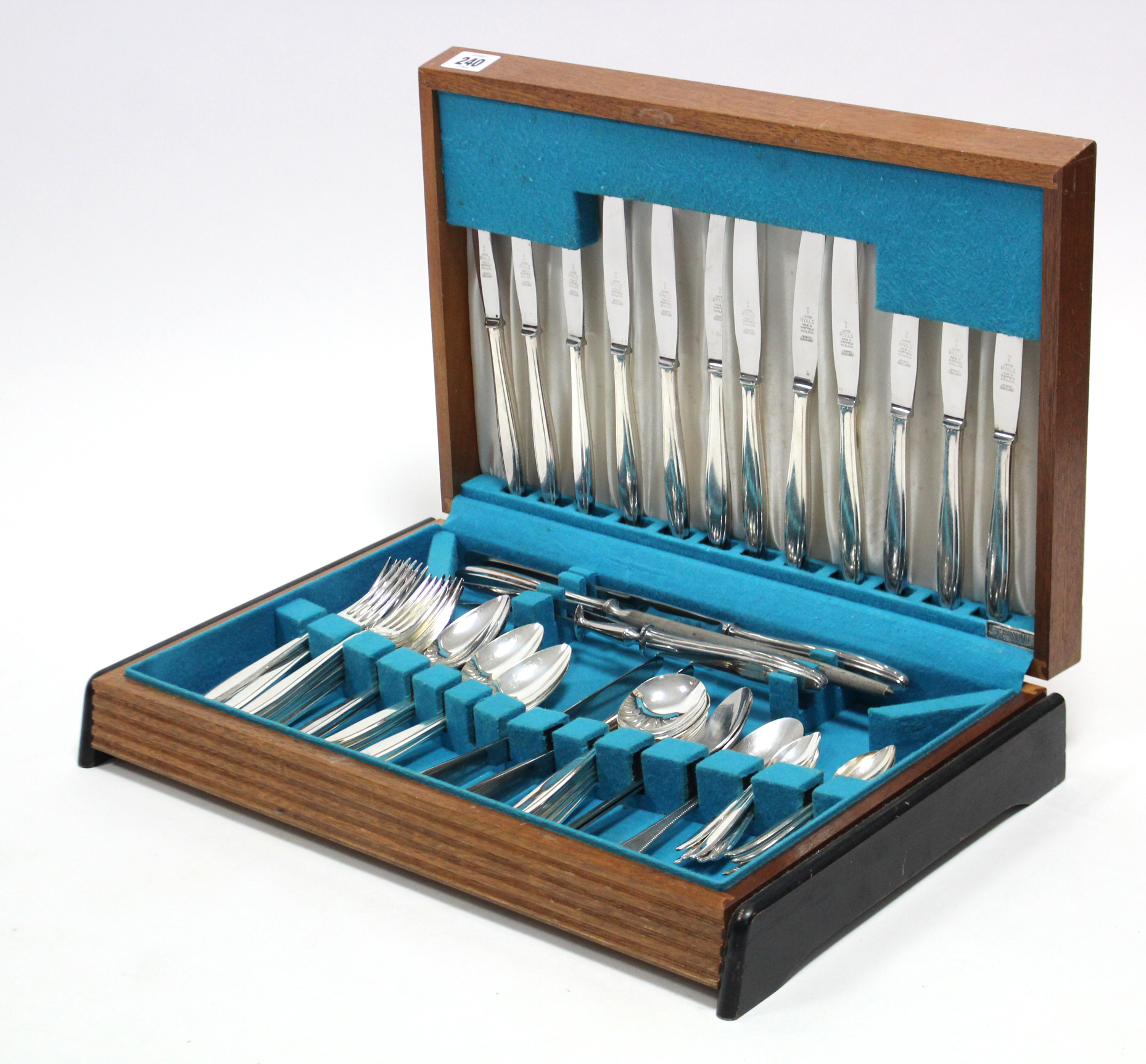 A mahogany canteen containing various items of plated & stainless steel cutlery.