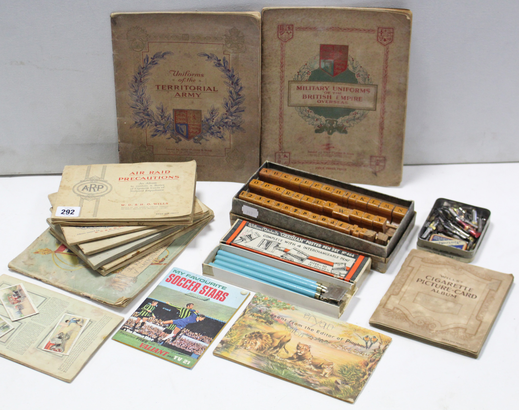 A William Mitchells “Gresham” poster pen set (No. 464), boxed; a treen printing set; various pen