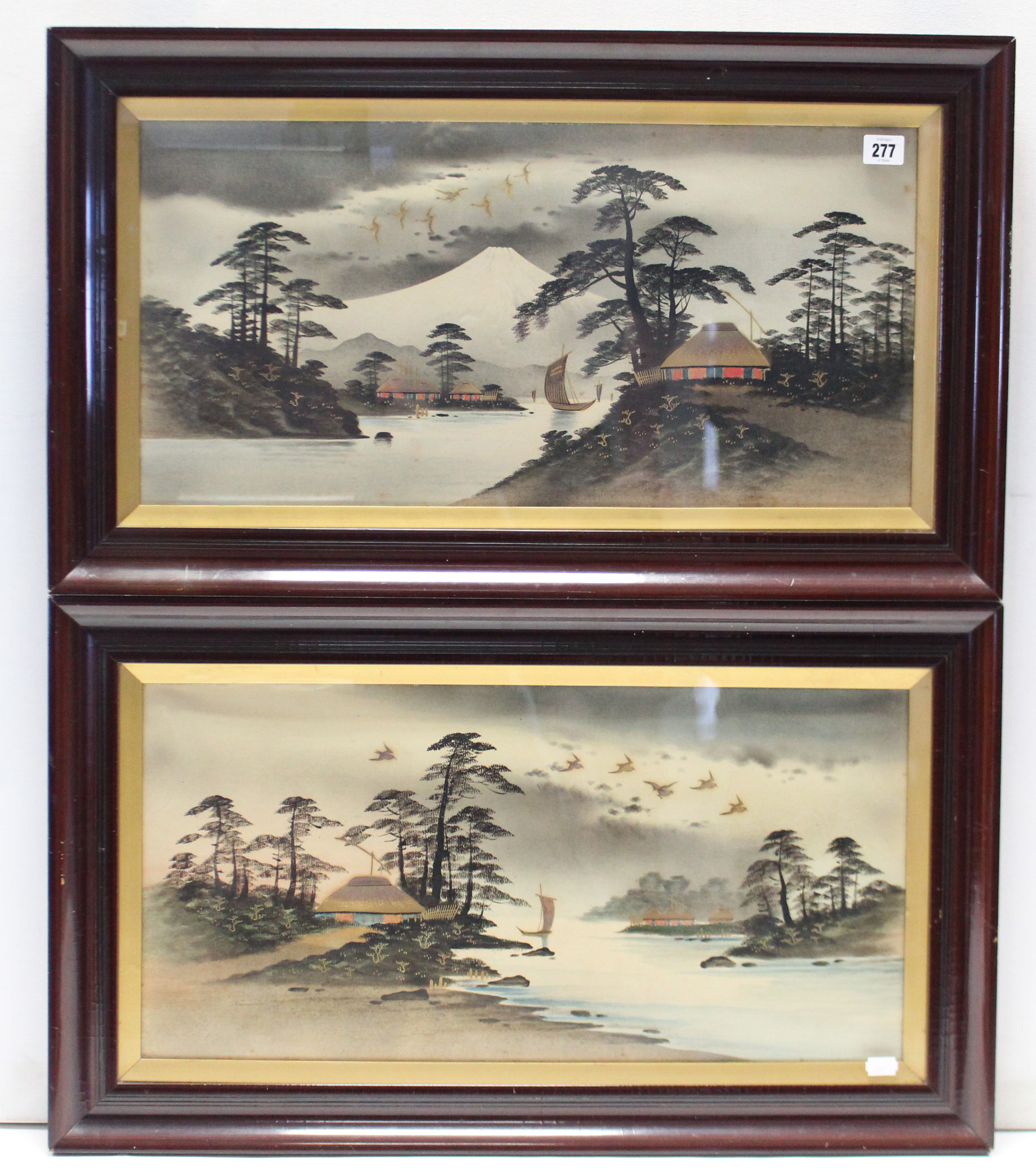 Six various oriental decorative pictures, each in glazed frame.