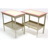 A pair of regency-style cream & pink painted wooden rectangular two-tier side tables, each with