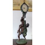 A Juliana mantel clock with composition figure group centre column & on oval base, 32” high.