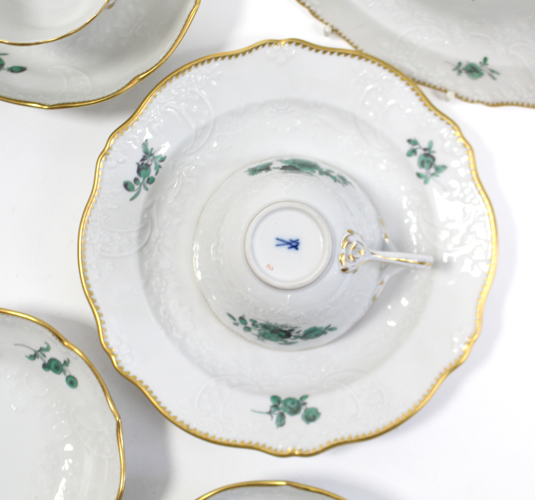 A Meissen porcelain twelve piece part tea service (settings for four), with green floral - Image 2 of 3