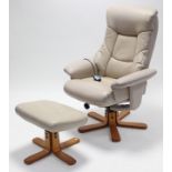 A cream leatherette swivel & reclining armchair; & a ditto rectangular footstool.