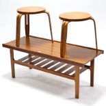 A Myer’s teak rectangular two-tier low coffee table on square legs, 44” wide; & a pair of stools.