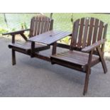 A teak combination garden bench/table on square legs, 61” wide, & a ditto square occasional table.