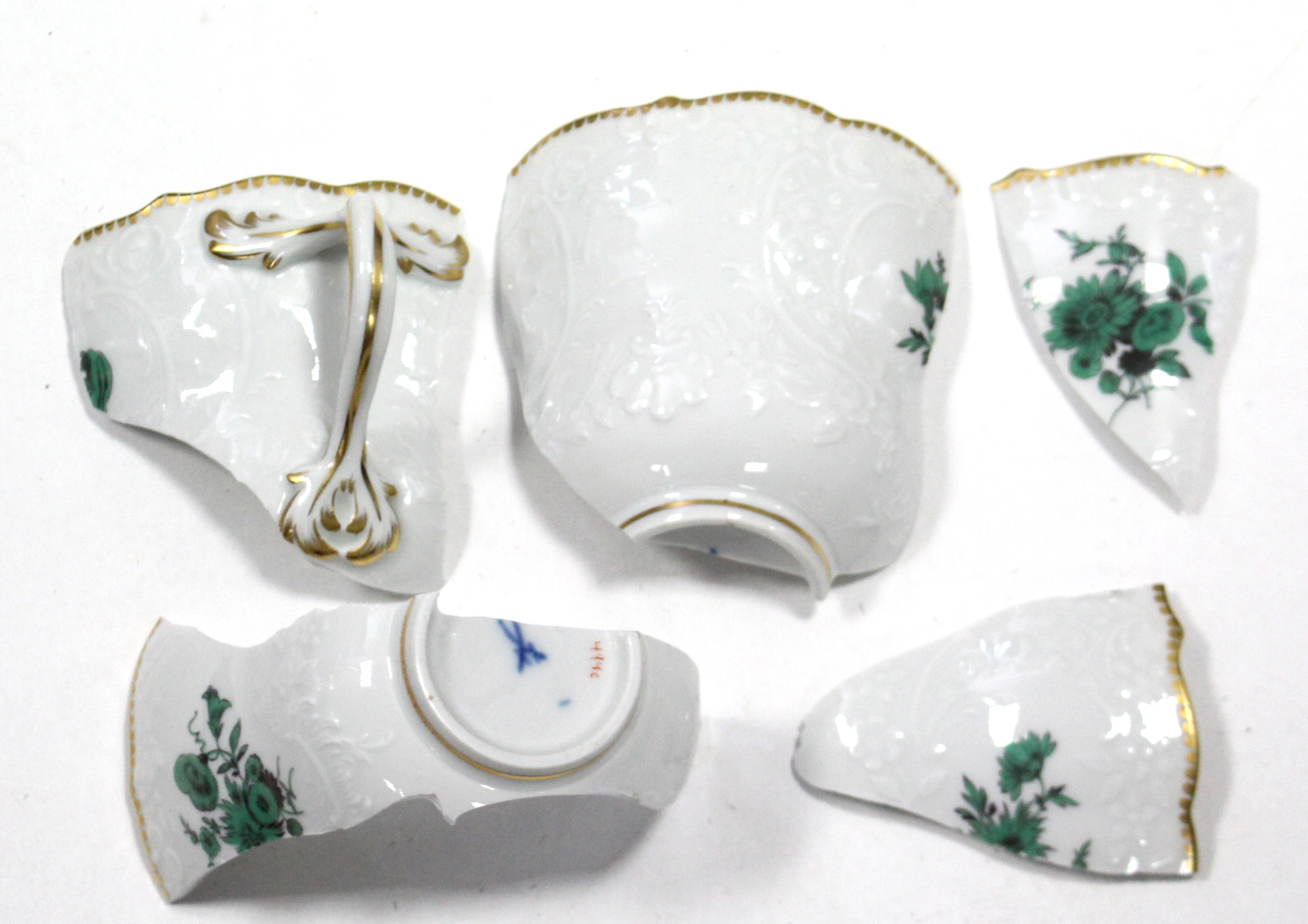 A Meissen porcelain twelve piece part tea service (settings for four), with green floral - Image 3 of 3