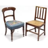 A 19th century mahogany bow-back dining chair with padded seat, & on turned fluted tapering