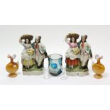 Two Staffordshire pottery flat-back figure groups, 13½” high; & a small quantity of glassware,