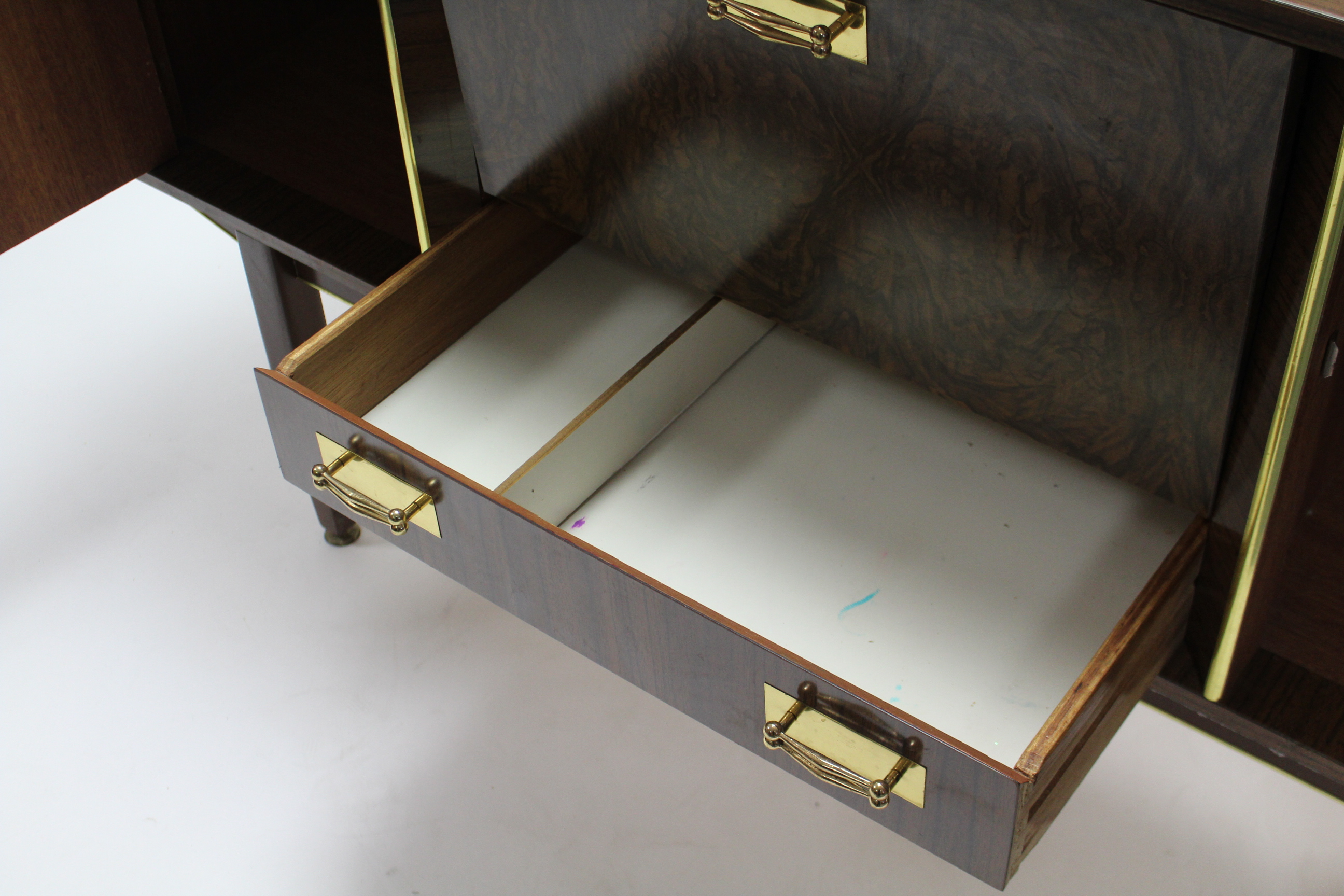 A burr-walnut finish sideboard, fitted fall-front above a long drawer to centre flanked by - Image 3 of 4