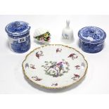 Two George Jones blue & white “Woodland” pattern pots, 4¾”, & 3¼” high; a bread & butter plate; a