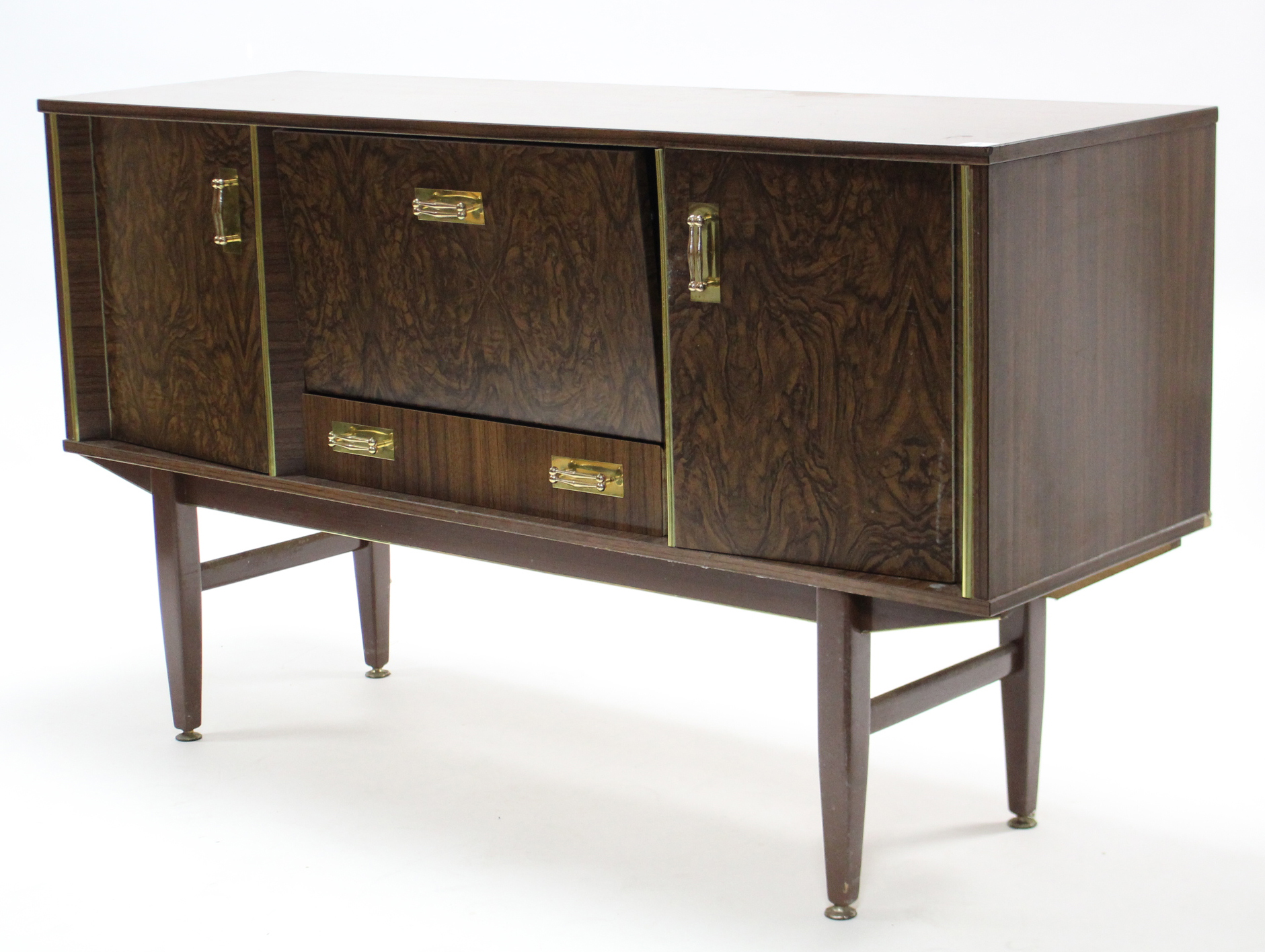 A burr-walnut finish sideboard, fitted fall-front above a long drawer to centre flanked by