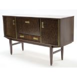 A burr-walnut finish sideboard, fitted fall-front above a long drawer to centre flanked by