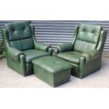 A pair of buttoned dark green leather armchairs; & a ditto rectangular pouffe.