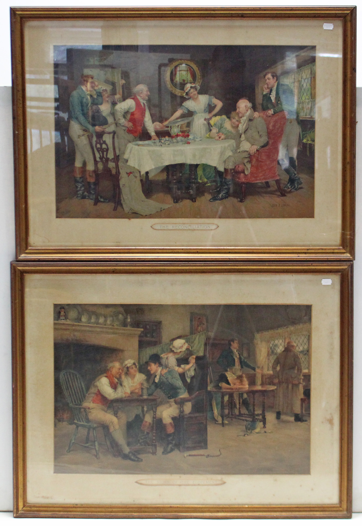 Two large coloured prints – interior figure scenes – titled: “The Reconciliation”, 16½” x 24¾2, & “ - Image 2 of 2