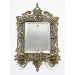A Victorian-style brass framed rectangular wall mirror inset bevelled plate & fitted pair of sconces