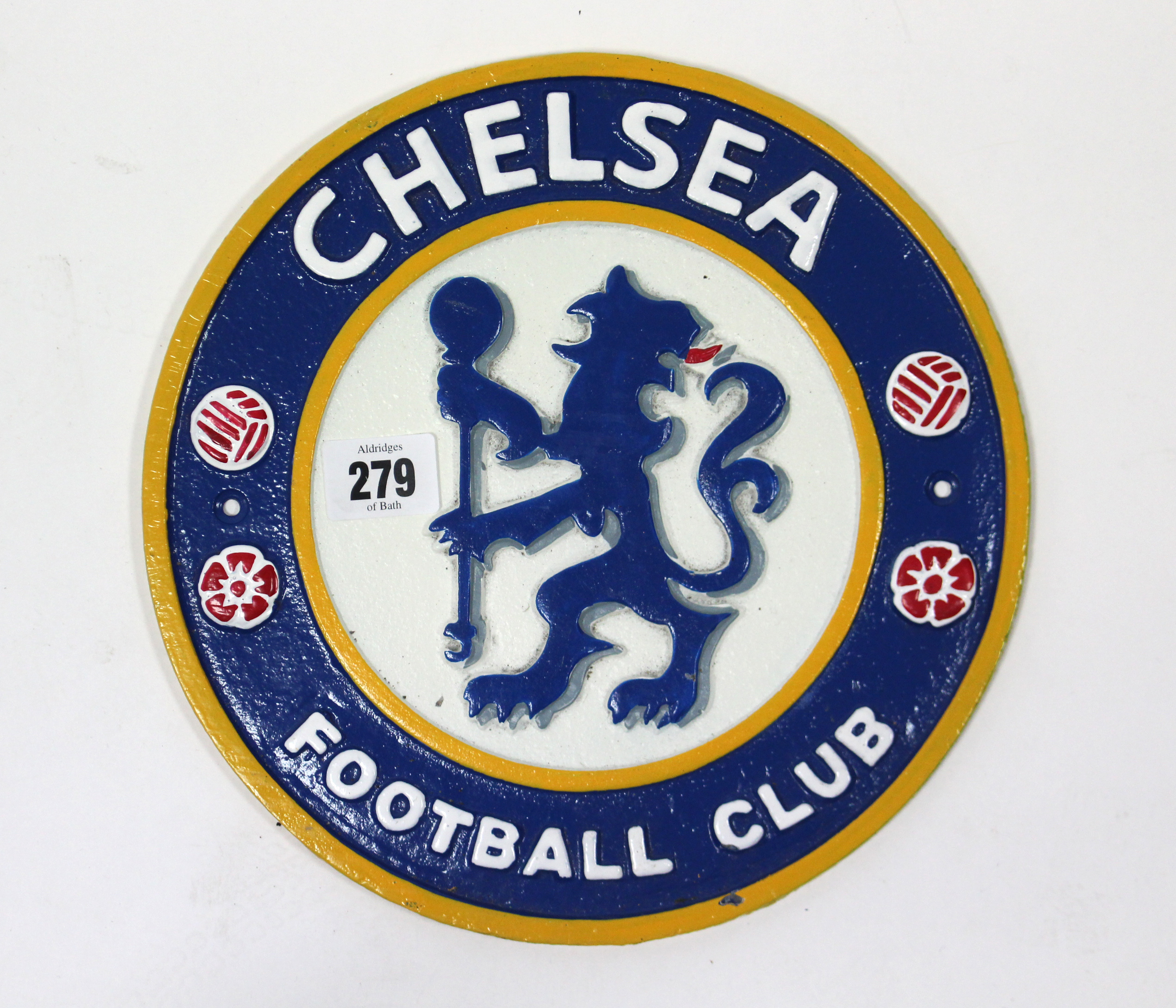 A modern painted cast-iron circular plaque “CHELSEA FOOTBALL CLUB”, 9½” diam.