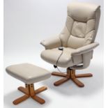 A cream leatherette swivel & reclining armchair; & a ditto rectangular footstool.