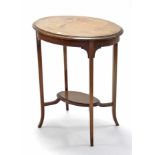 An Edwardian inlaid-mahogany oval two-tier occasional table on square tapered legs, 24” wide.