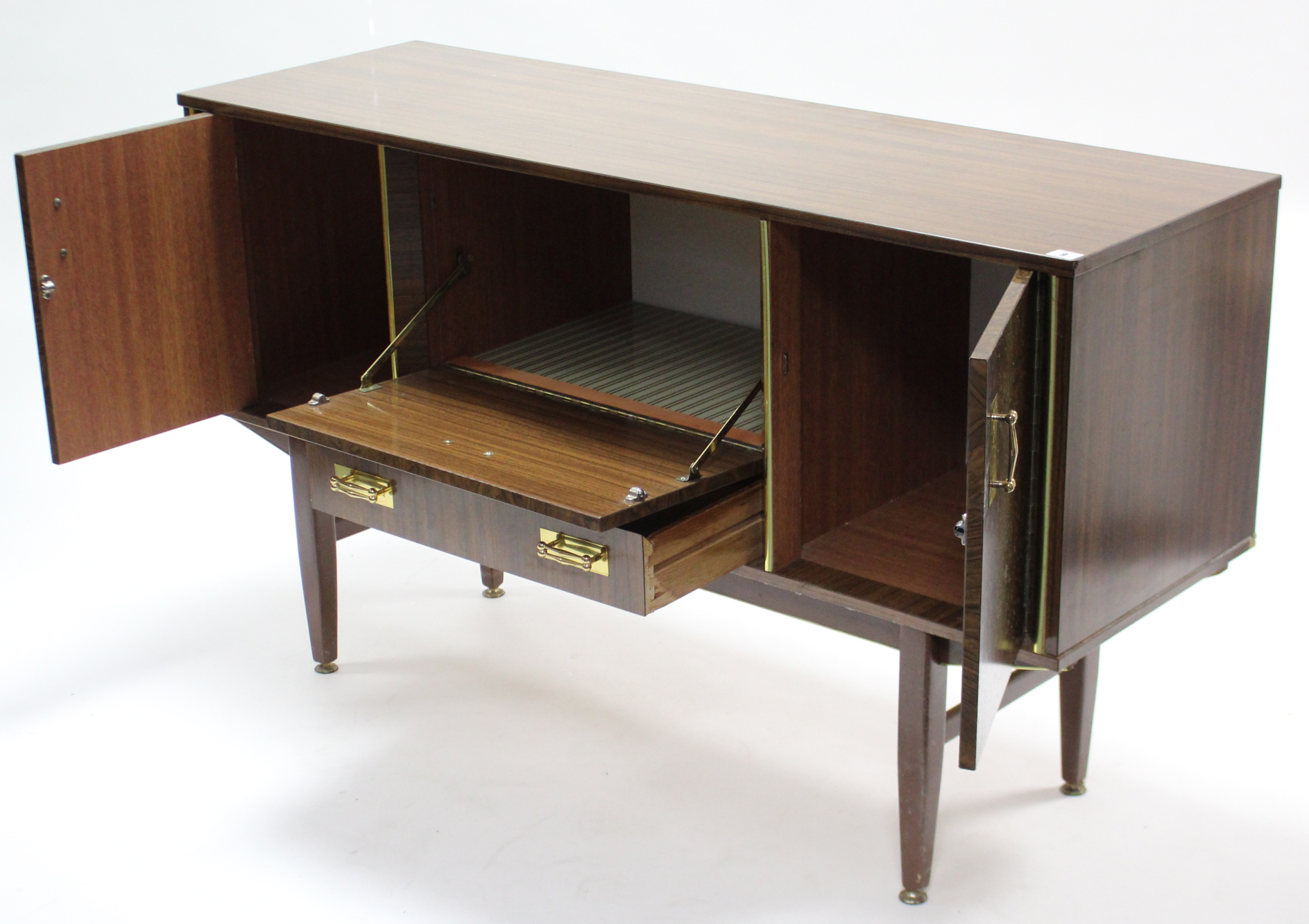 A burr-walnut finish sideboard, fitted fall-front above a long drawer to centre flanked by - Image 2 of 4