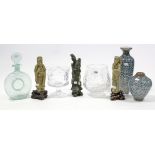 A pair of carved soapstone sage figures; a similar female figure; a glass dimple decanter; & four