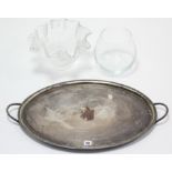An engraved silver-plated oval two-handled tea tray, 24” x 17”; together with a set of ten