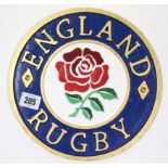 A modern painted cast-iron circular plaque “ENGLAND RUGBY”, 9¼” diam.