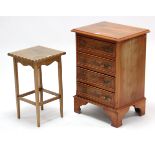 A reproduction inlaid yew wood four-drawer bedside chest on bracket feet, 16½” wide; & a similar