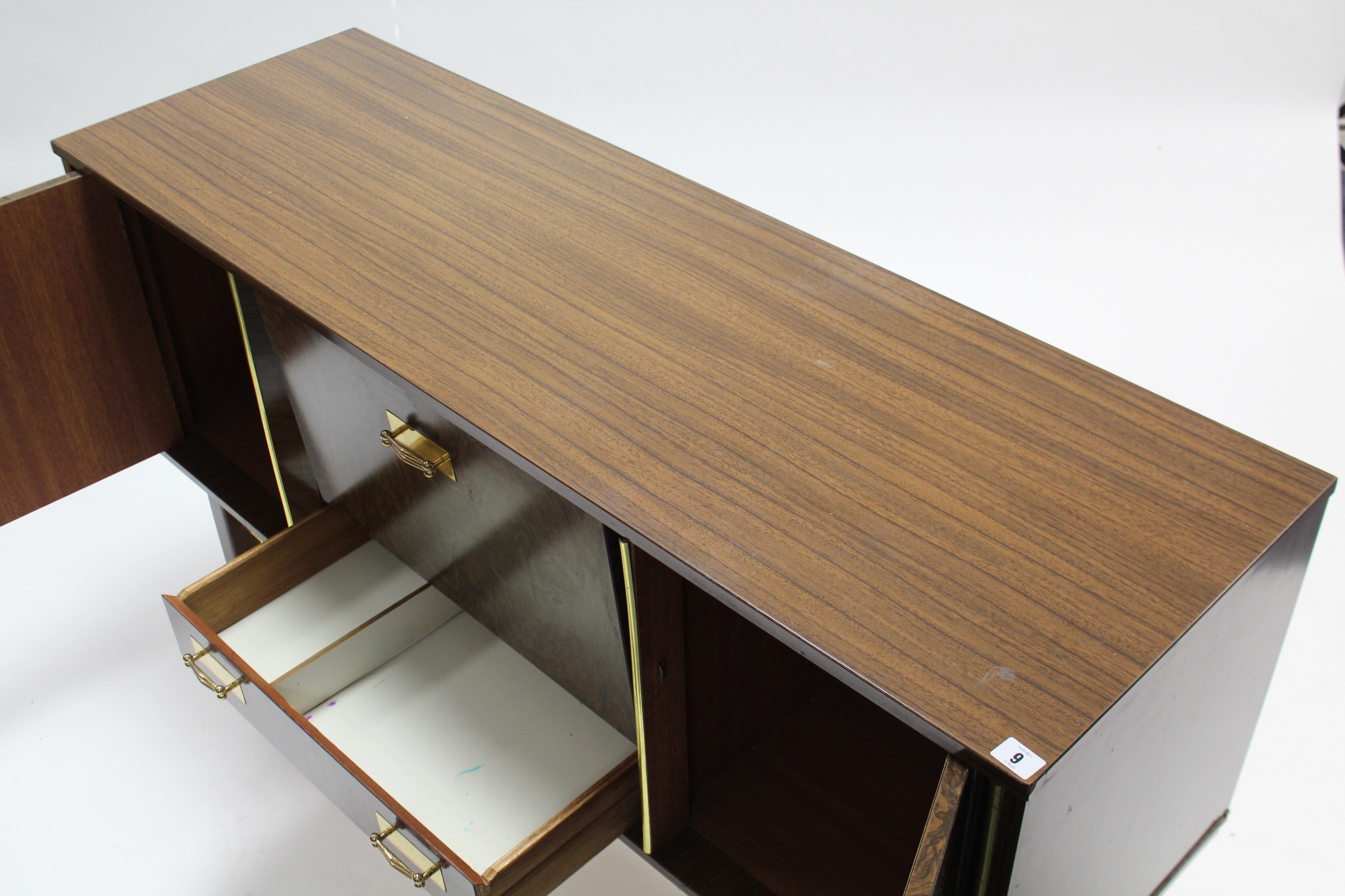 A burr-walnut finish sideboard, fitted fall-front above a long drawer to centre flanked by - Image 4 of 4