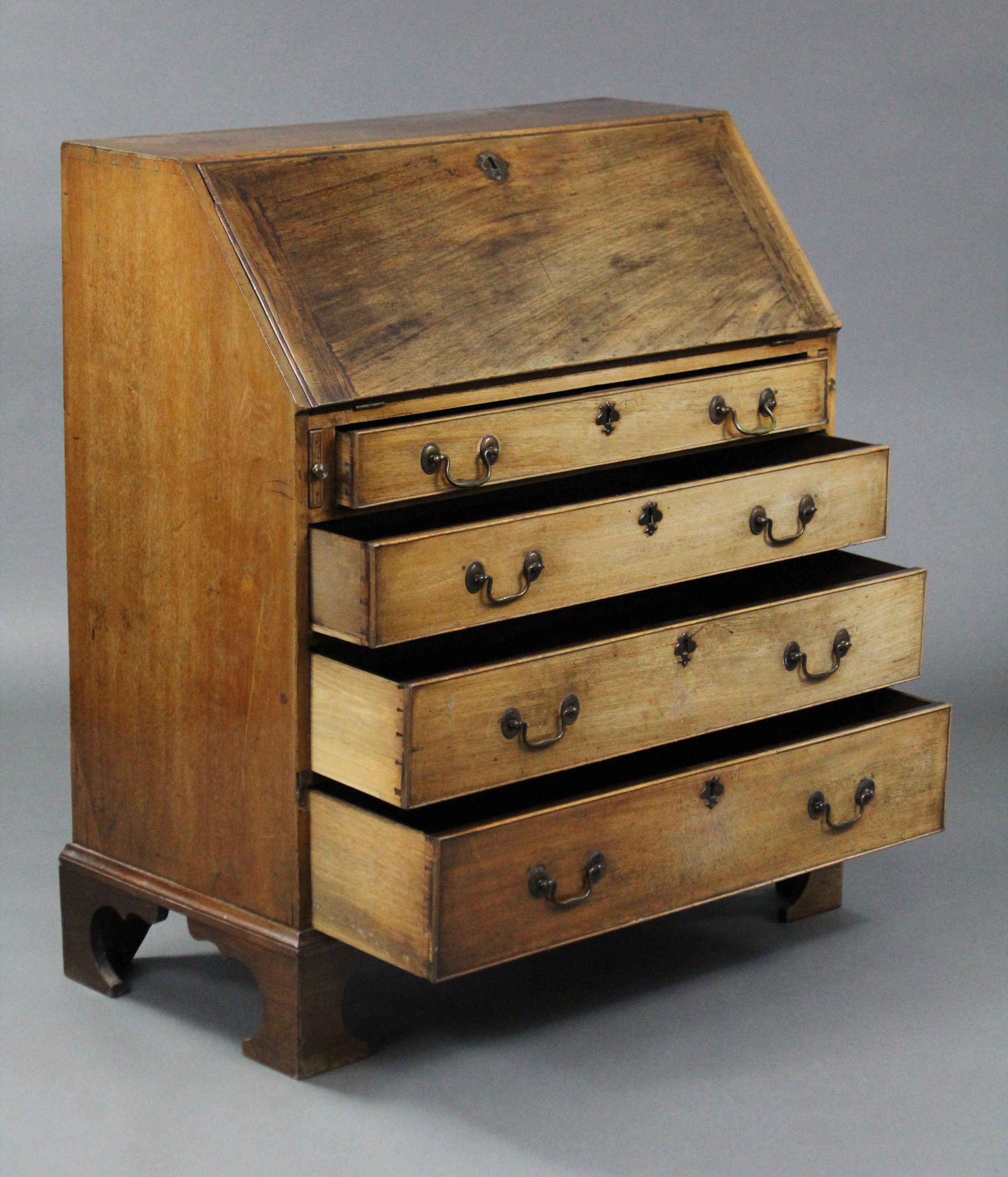 A late 18th century mahogany bureau, the sloping fall-front enclosing a fitted interior above four - Image 4 of 4