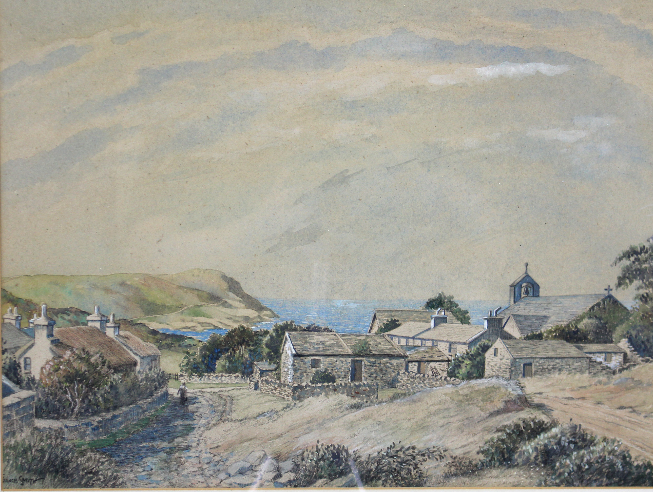 JOHN FRANCIS SMITH (b. 1888) “Calf Island & Cregneish, Isle of Man”. A clifftop village with