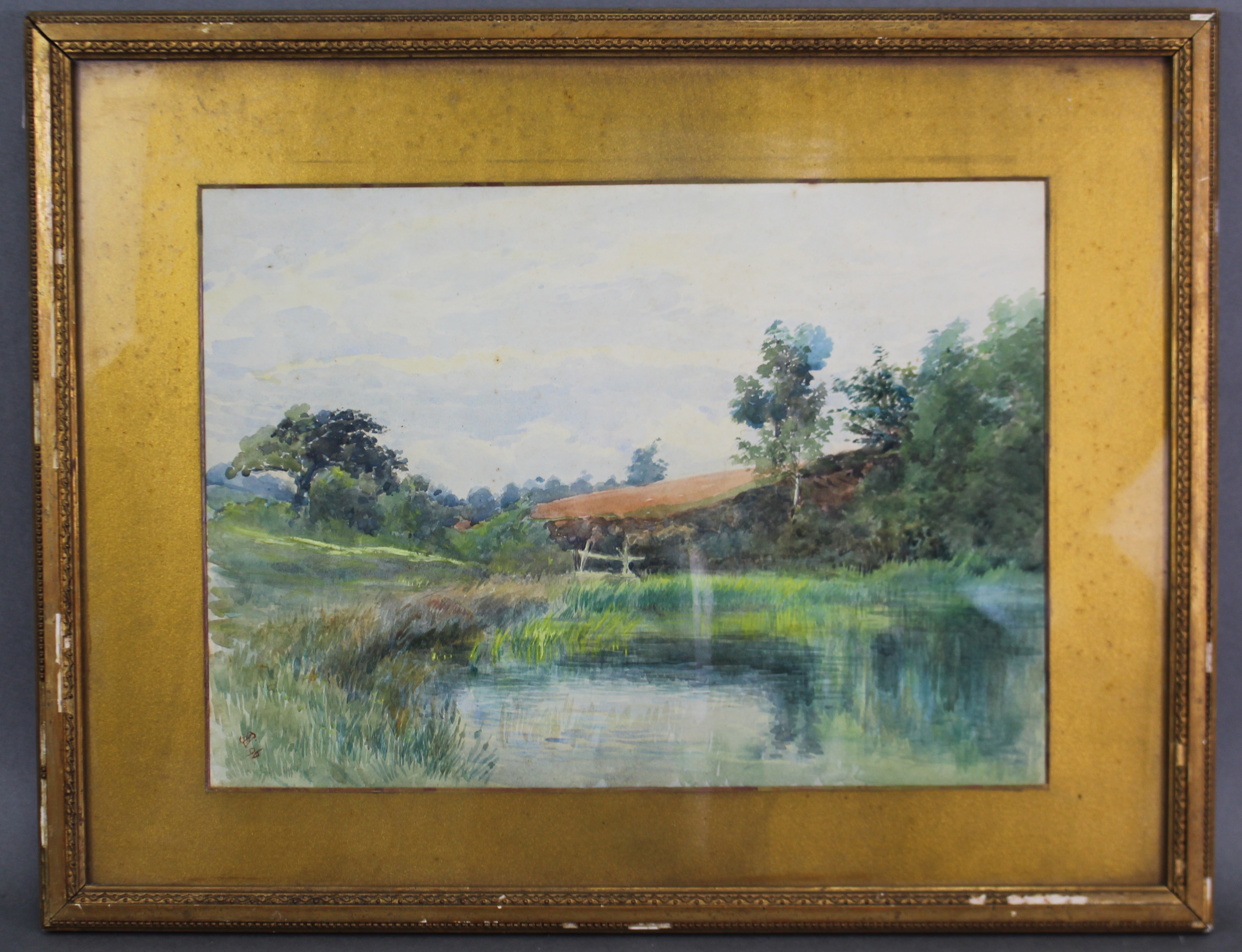 ENGLISH SCHOOL, 19th century. A rural landscape with willow arches, signed & dated “M.J.S. ‘99” - Image 3 of 4