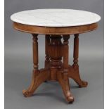 A late Victorian style mahogany centre table with circular marble top, on turned supports with vase