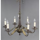 A modern cast-brass Dutch-style six branch ceiling light fitting with vase-turned centre column &
