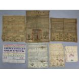A group of seven 19th century needlework samplers, one by Ann Maria Halcrow aged 10; another by