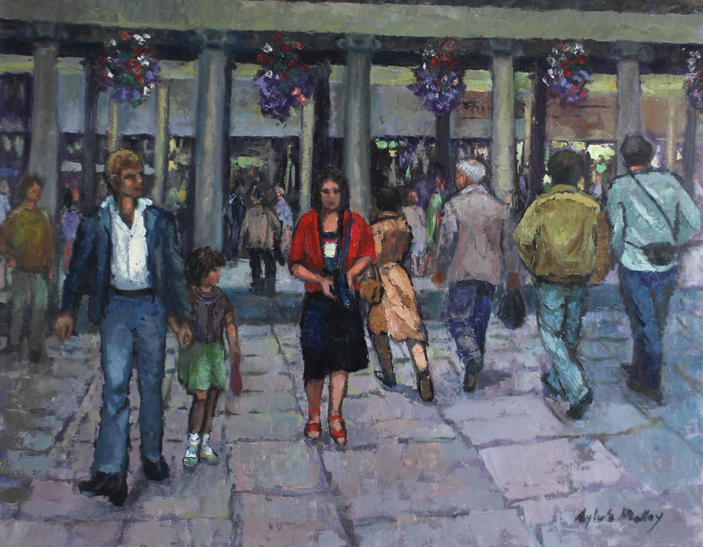 SYLVIA MOLLOY (1914-2008). A Bath street scene with figures, looking towards the colonnades &