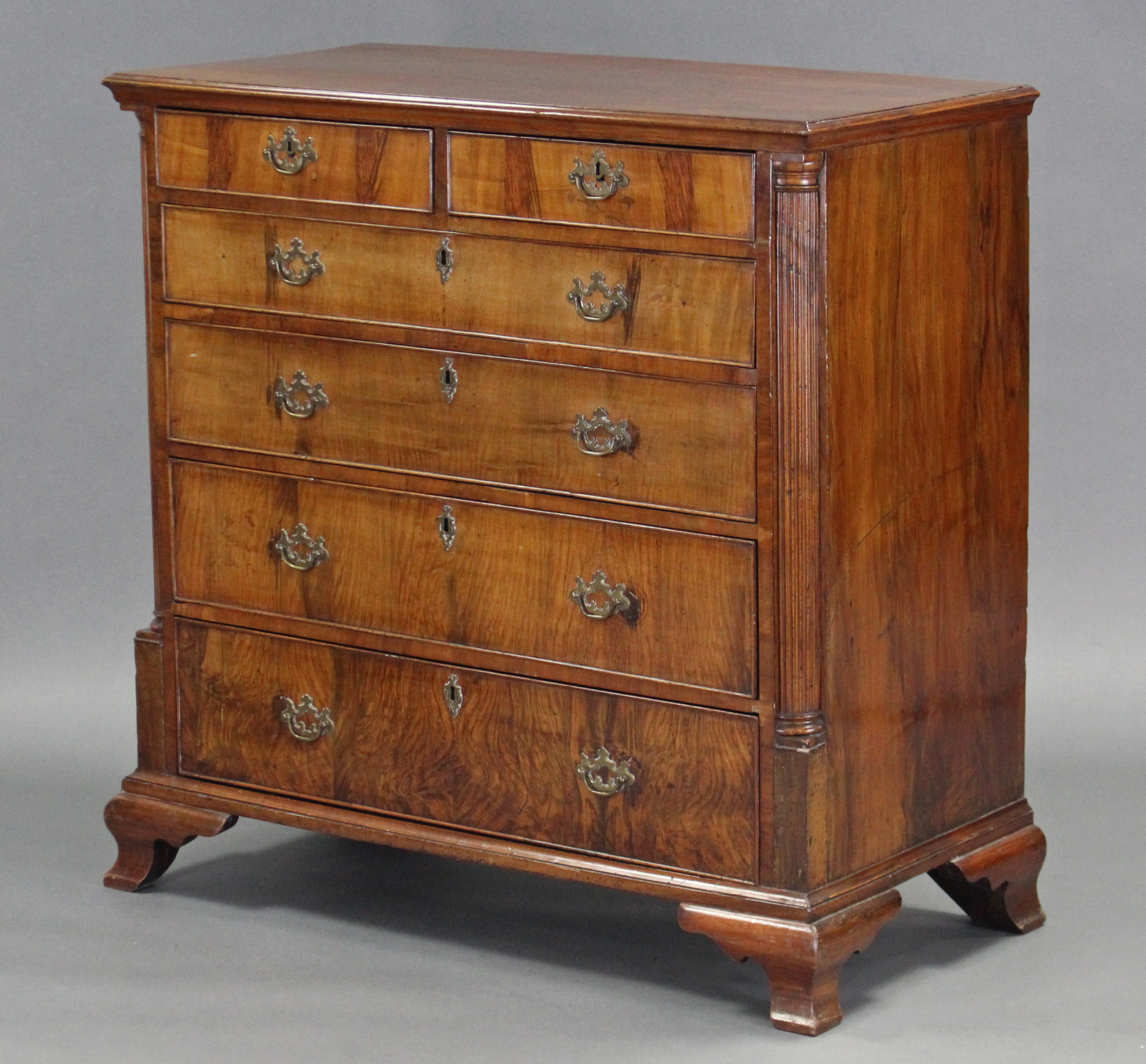A MID-18th century FIGURED WALNUT CHEST, fitted two short & four long graduated drawers with - Image 3 of 4