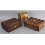 A 19th century parquetry-inlaid two-division rectangular tea caddy, 7” wide; a 19th century mahogany