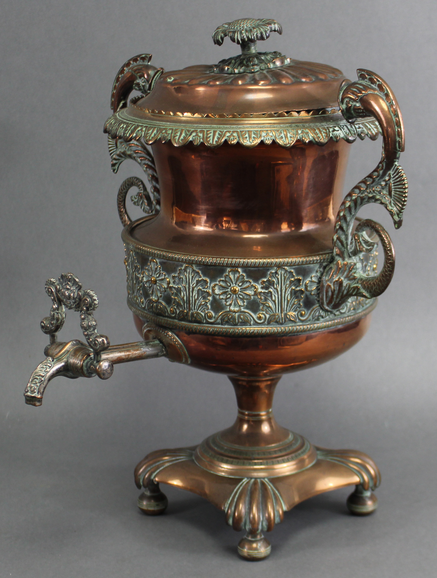 An early 19th century copper samovar with embossed foliate decoration, dolphin side handles, & - Image 2 of 2