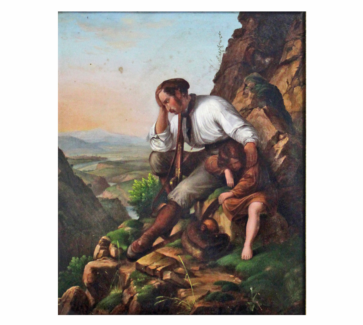 TYROLEAN SCHOOL, mid-19th century. A huntsman & child on a rocky mountain path. Oil on zinc panel: