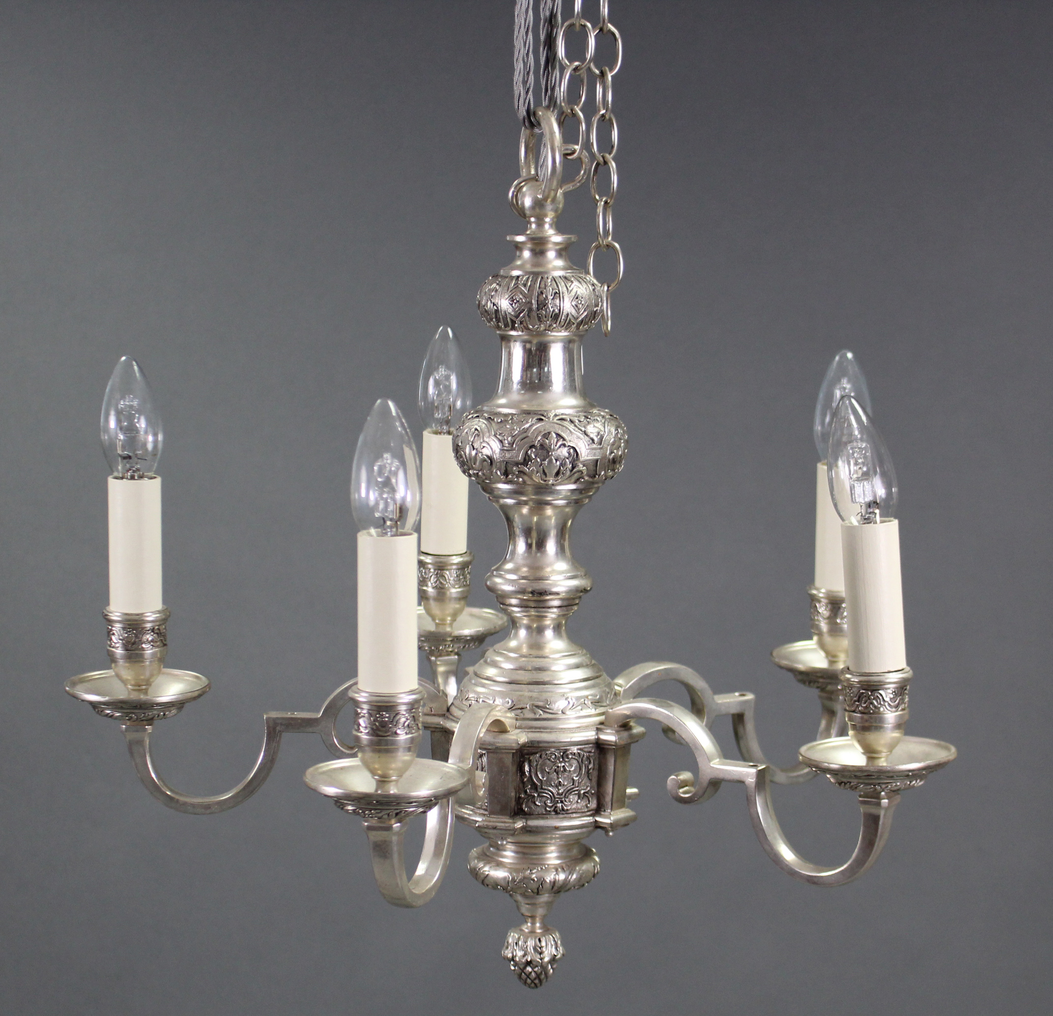A heavy cast-metal Dutch-style six branch ceiling light fitting, with scroll arms & embossed - Image 2 of 2