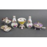 A Meissen outside-decorated miniature chafing dish of lilac ground, with painted reserves of