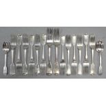 Six Victorian silver Fiddle pattern dessert forks, Exeter 1856, by Josiah Williams & Co. (of